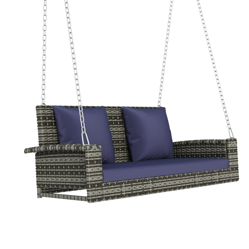 2-Person Gray Wicker Hanging Porch Swing with Chains, Blue Cushions and Pillows