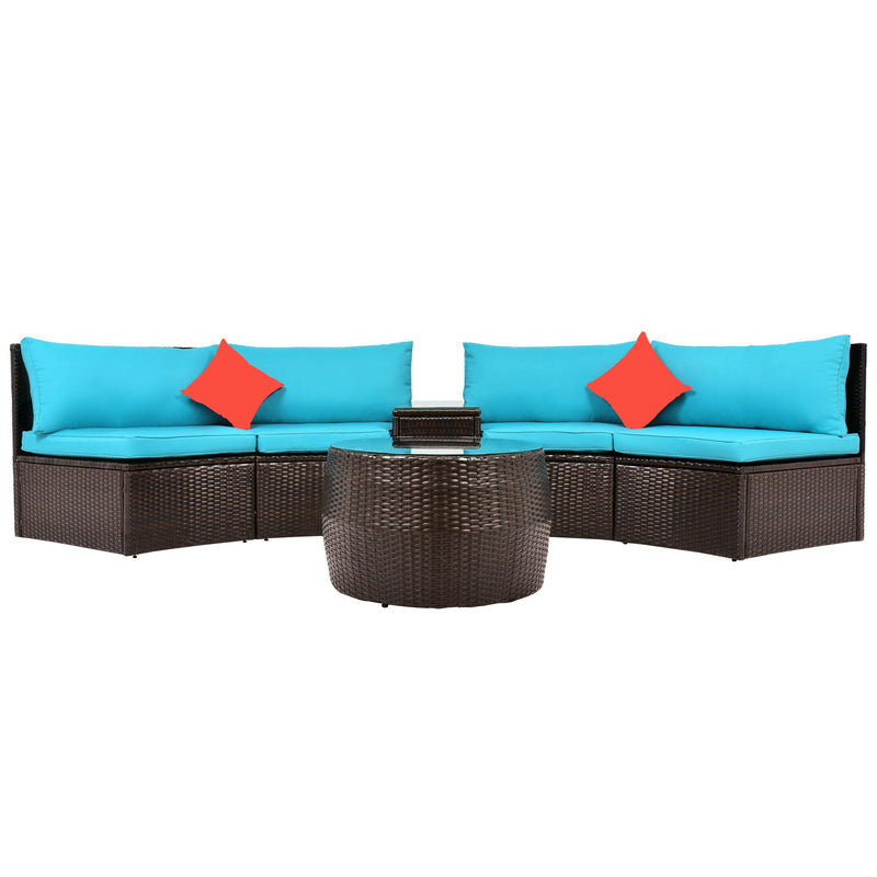 4 PCS Outdoor Patio Half-Moon Sectional Furniture Wicker Sofa Set with Two Pillows, Coffee Table, and Blue Cushions - Urban Living Furniture (Los Angeles, CA)