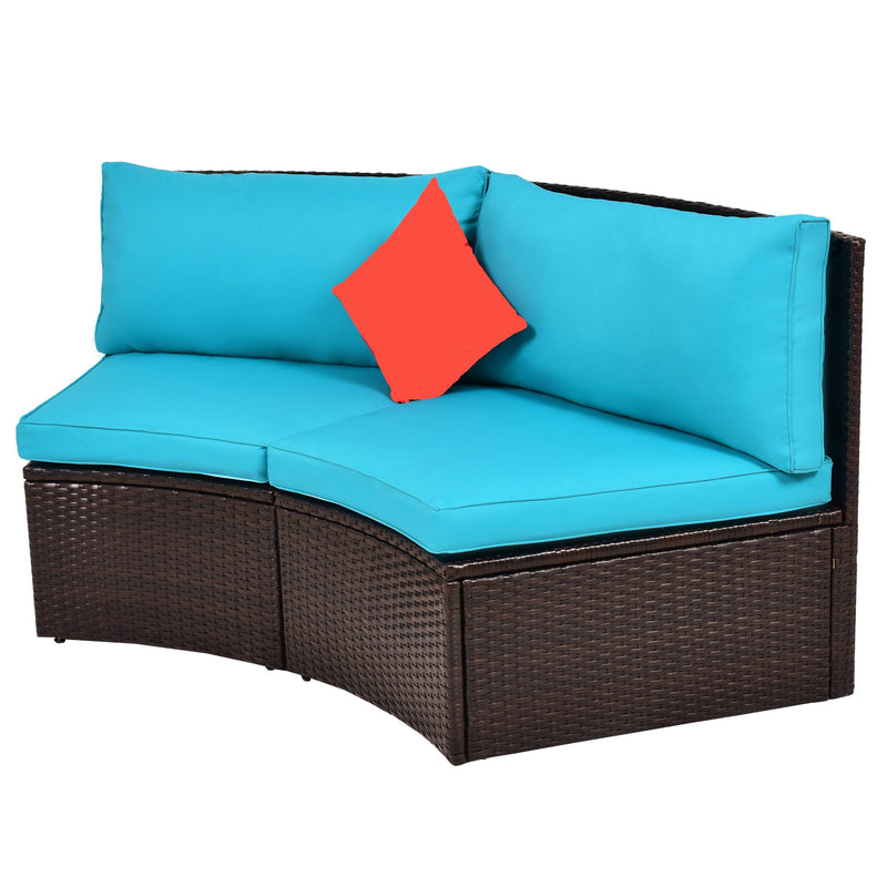 4 PCS Outdoor Patio Half-Moon Sectional Furniture Wicker Sofa Set with Two Pillows, Coffee Table, and Blue Cushions - Urban Living Furniture (Los Angeles, CA)