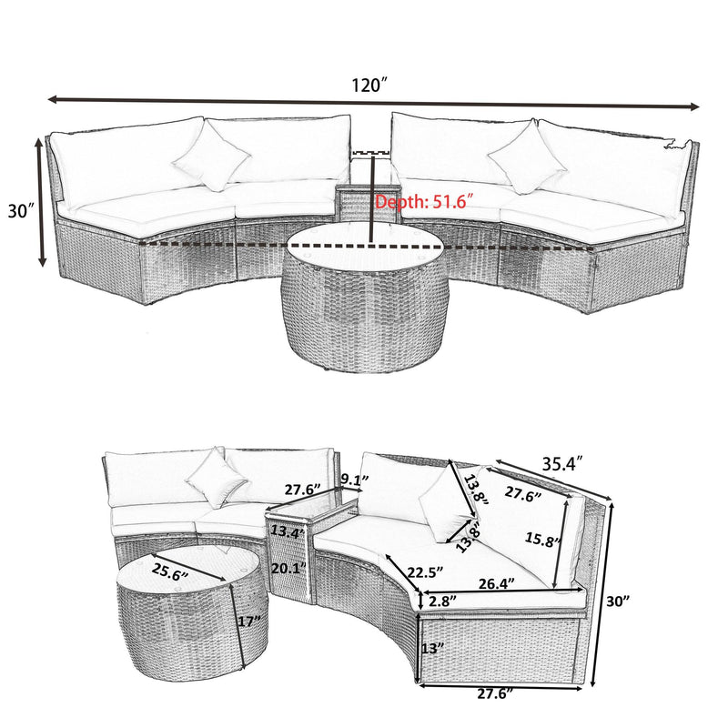 4 PCS Outdoor Patio Half-Moon Sectional Furniture Wicker Sofa Set with Two Pillows, Coffee Table, and Blue Cushions - Urban Living Furniture (Los Angeles, CA)