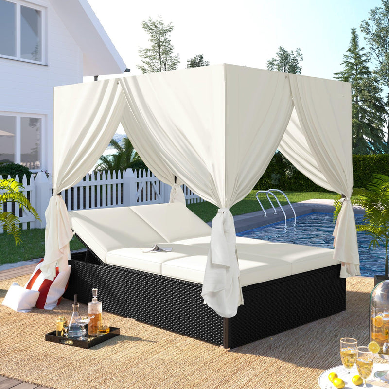 Outdoor Patio Wicker Sunbed Daybed with Cushions and Adjustable Seats - Beige Cushions