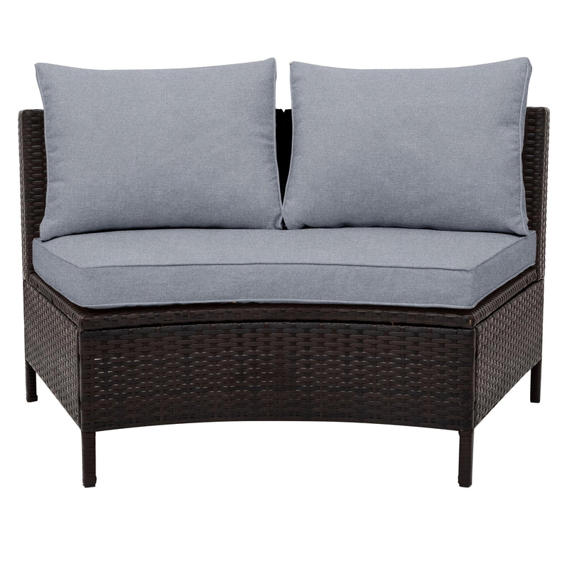 5 PCS Outdoor Patio All-Weather Brown PE Rattan Wicker Half-Moon Sectional Sofa Set with Tempered Glass Table and Gray Cushions - Urban Living Furniture (Los Angeles, CA)