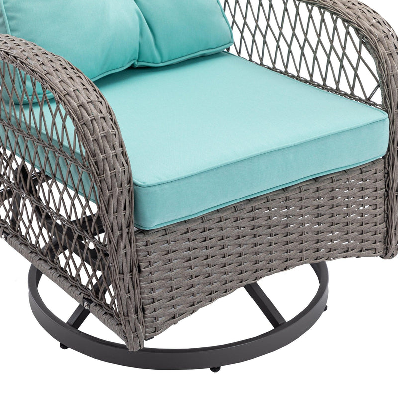 3 PCS Outdoor PatioModern Wicker Set with Table, Swivel Base Chairs and Blue Cushions
