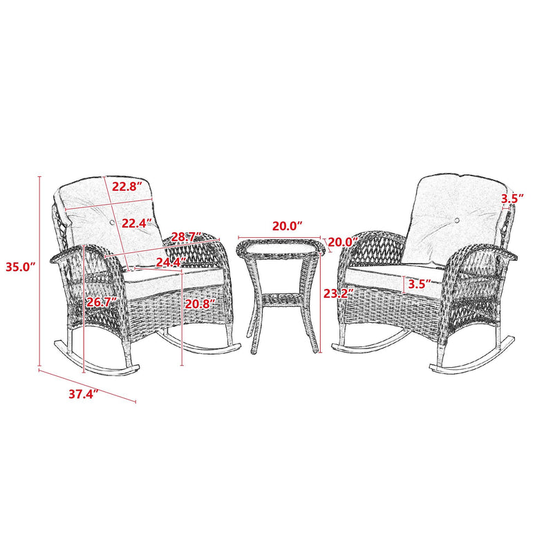 3 PCS Outdoor FurnitureModern Wicker Rattan Rocking Chair Set with Navy Blue Cushion - Urban Living Furniture (Los Angeles, CA)