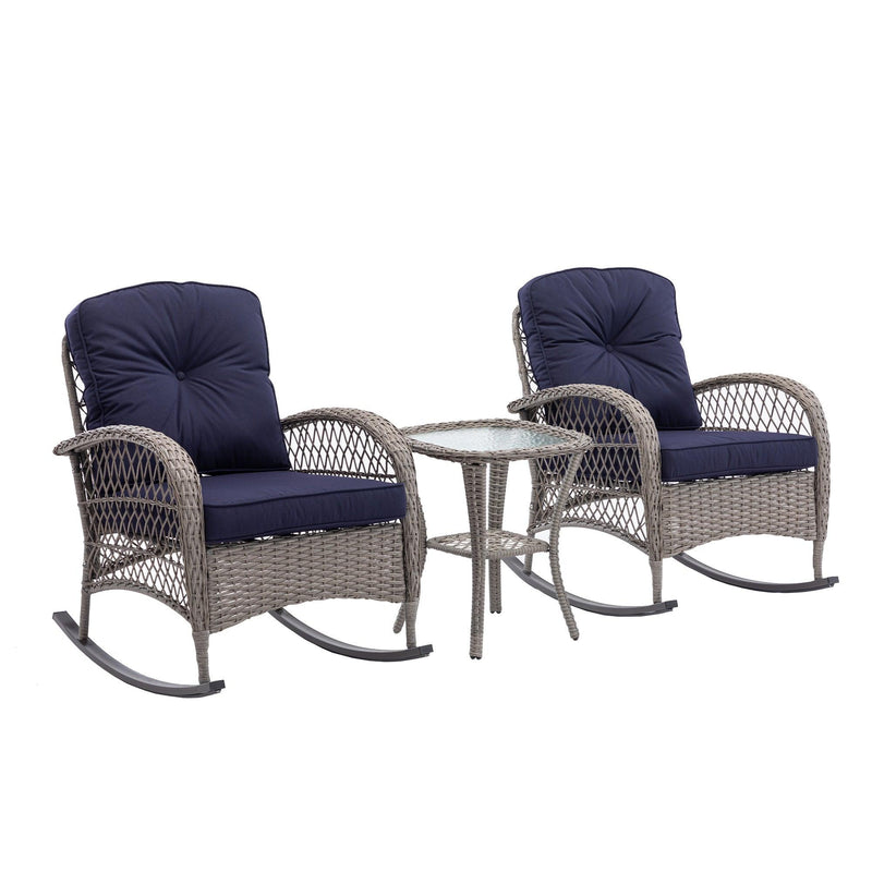 3 PCS Outdoor FurnitureModern Wicker Rattan Rocking Chair Set with Navy Blue Cushion - Urban Living Furniture (Los Angeles, CA)