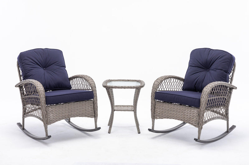 3 PCS Outdoor FurnitureModern Wicker Rattan Rocking Chair Set with Navy Blue Cushion - Urban Living Furniture (Los Angeles, CA)