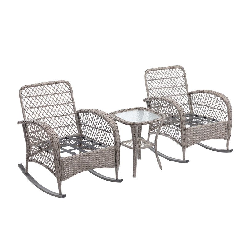 3 PCS Outdoor FurnitureModern Wicker Rattan Rocking Chair Set with Navy Blue Cushion - Urban Living Furniture (Los Angeles, CA)