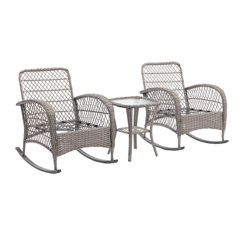 3 PCS Outdoor FurnitureModern Wicker Rattan Rocking Chair Set with Gray Cushion - Urban Living Furniture (Los Angeles, CA)