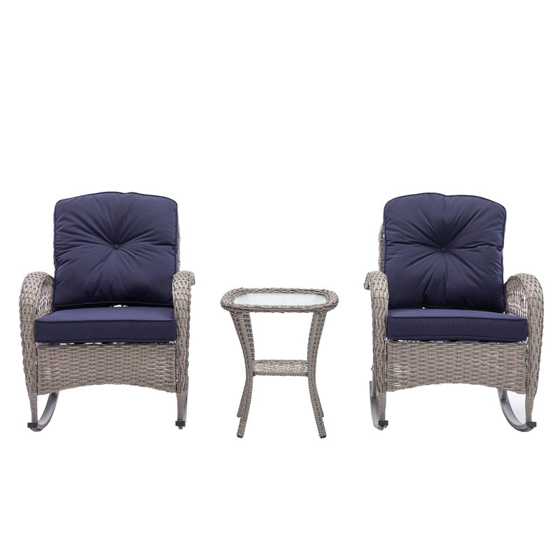 3 PCS Outdoor FurnitureModern Wicker Rattan Rocking Chair Set with Navy Blue Cushion - Urban Living Furniture (Los Angeles, CA)