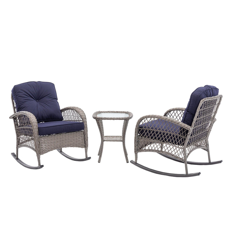 3 PCS Outdoor FurnitureModern Wicker Rattan Rocking Chair Set with Navy Blue Cushion - Urban Living Furniture (Los Angeles, CA)