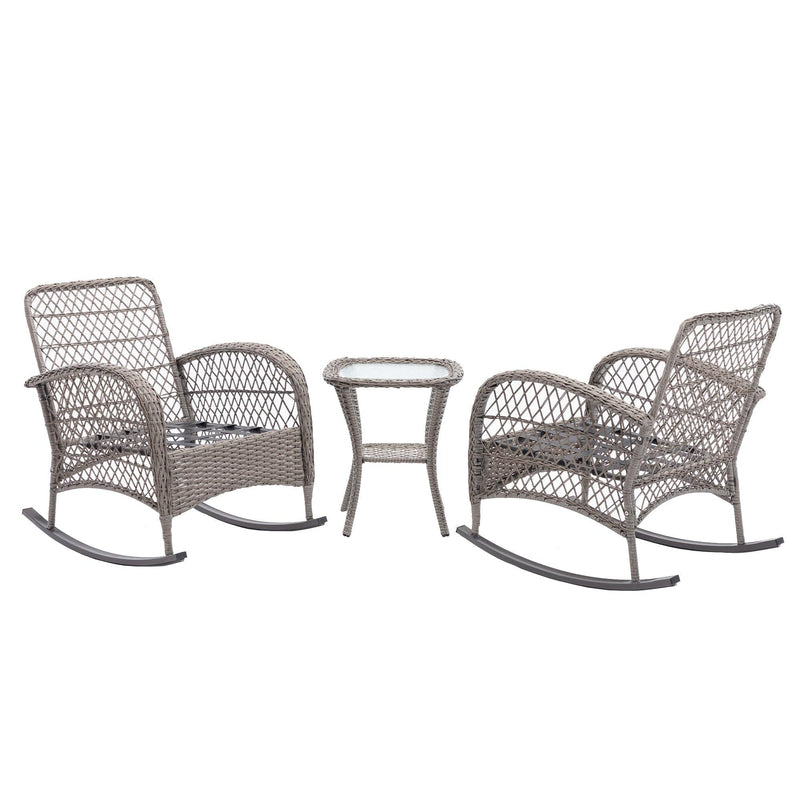 3 PCS Outdoor FurnitureModern Wicker Rattan Rocking Chair Set with Navy Blue Cushion - Urban Living Furniture (Los Angeles, CA)