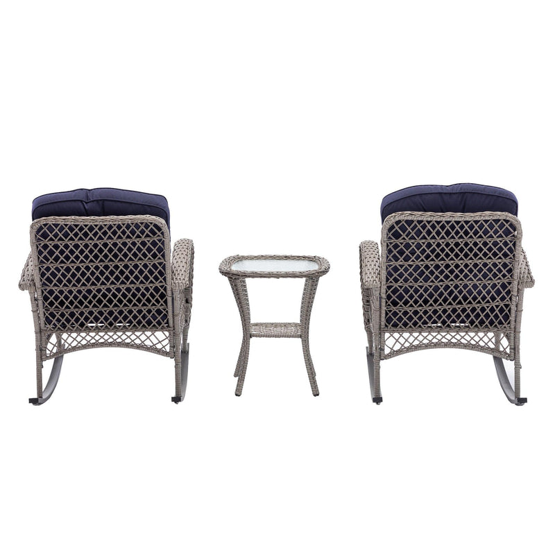 3 PCS Outdoor FurnitureModern Wicker Rattan Rocking Chair Set with Navy Blue Cushion - Urban Living Furniture (Los Angeles, CA)