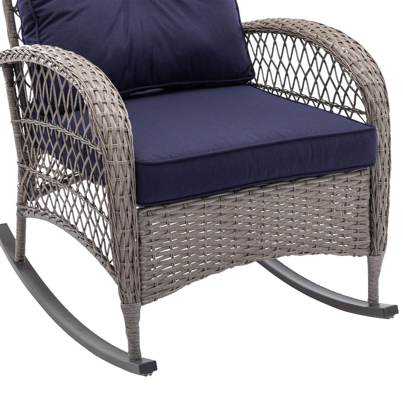 3 PCS Outdoor FurnitureModern Wicker Rattan Rocking Chair Set with Navy Blue Cushion - Urban Living Furniture (Los Angeles, CA)