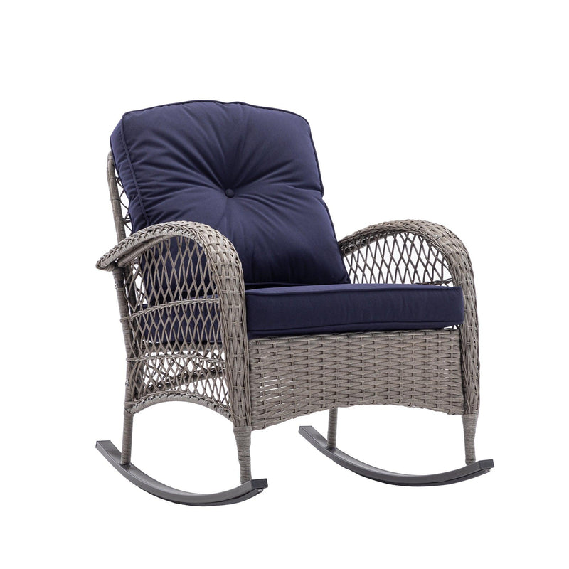 3 PCS Outdoor FurnitureModern Wicker Rattan Rocking Chair Set with Navy Blue Cushion - Urban Living Furniture (Los Angeles, CA)