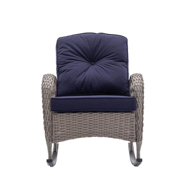 3 PCS Outdoor FurnitureModern Wicker Rattan Rocking Chair Set with Navy Blue Cushion - Urban Living Furniture (Los Angeles, CA)