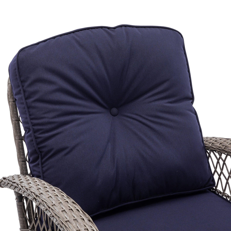 3 PCS Outdoor FurnitureModern Wicker Rattan Rocking Chair Set with Navy Blue Cushion - Urban Living Furniture (Los Angeles, CA)