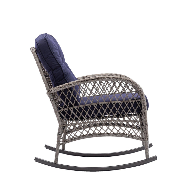 3 PCS Outdoor FurnitureModern Wicker Rattan Rocking Chair Set with Navy Blue Cushion - Urban Living Furniture (Los Angeles, CA)