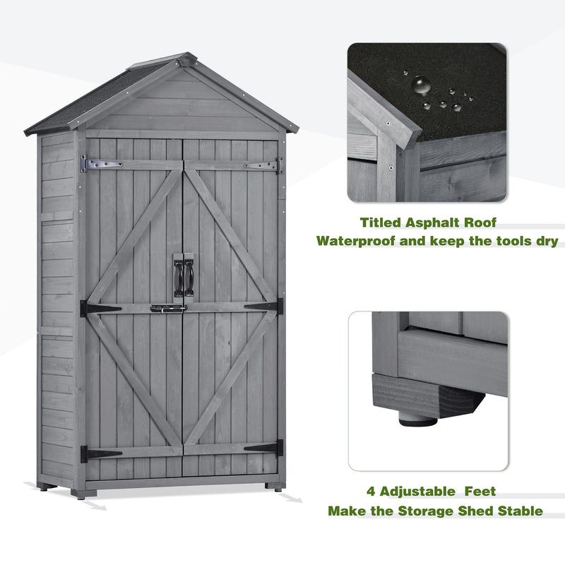 5.8ft x 3ft Outdoor Wood Lean-toStorage Shed Tool Organizer with Waterproof Asphalt Roof, Lockable Doors, 3-tier Shelves for Backyard - Gray