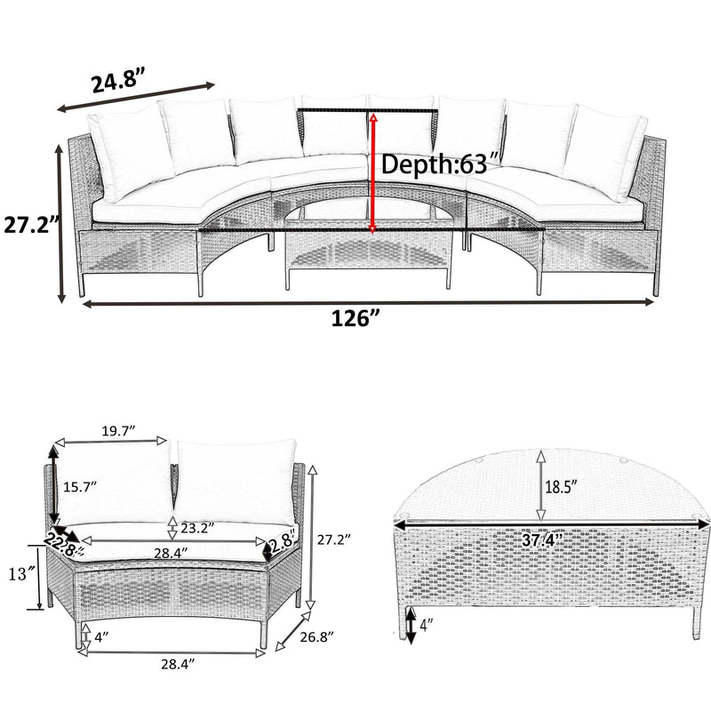 5 PCS Outdoor Patio All-Weather Brown PE Rattan Wicker Half-Moon Sectional Sofa Set with Tempered Glass Table and Gray Cushions - Urban Living Furniture (Los Angeles, CA)