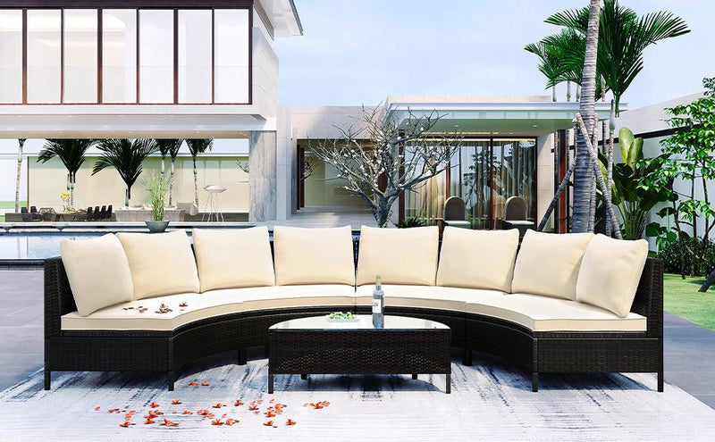 5 PCS Outdoor Patio All-Weather Brown PE Rattan Wicker Half-Moon Sectional Sofa Set with Tempered Glass Table and Beige Cushions - Urban Living Furniture (Los Angeles, CA)