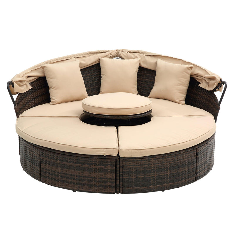 Wicker Rattan Round Lounge With Canopy, Lifted Coffee Table and Beige Cushions - Urban Living Furniture (Los Angeles, CA)