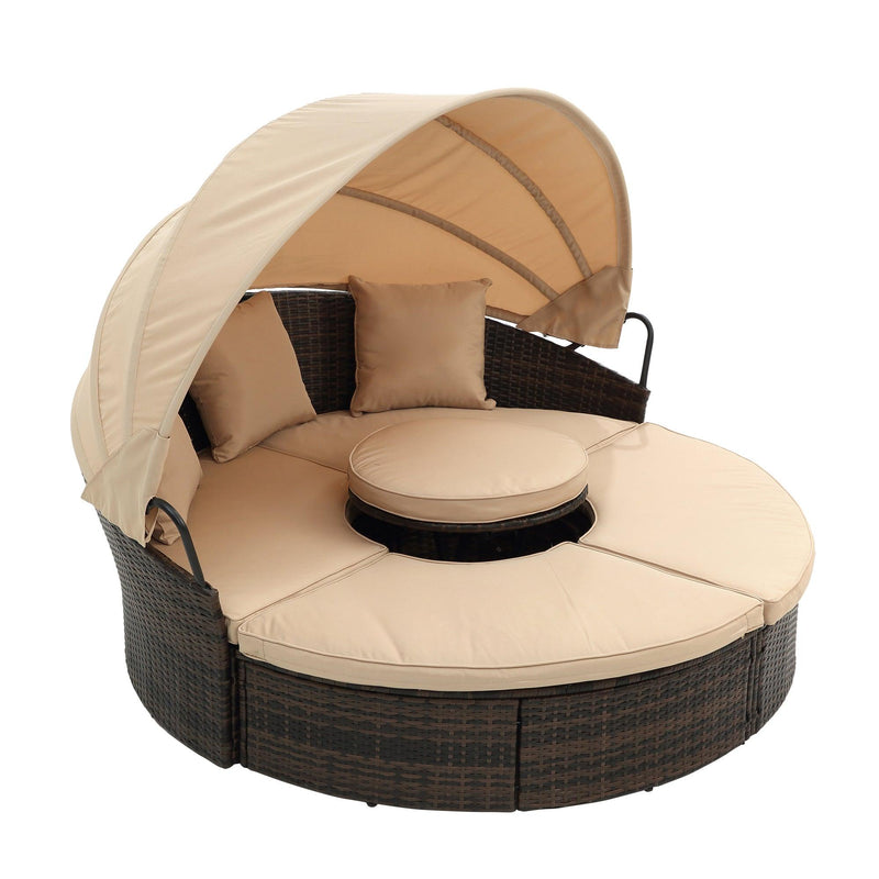 Wicker Rattan Round Lounge With Canopy, Lifted Coffee Table and Beige Cushions - Urban Living Furniture (Los Angeles, CA)