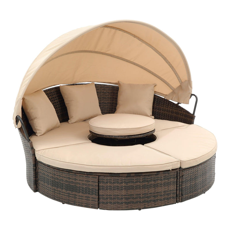 Wicker Rattan Round Lounge With Canopy, Lifted Coffee Table and Beige Cushions