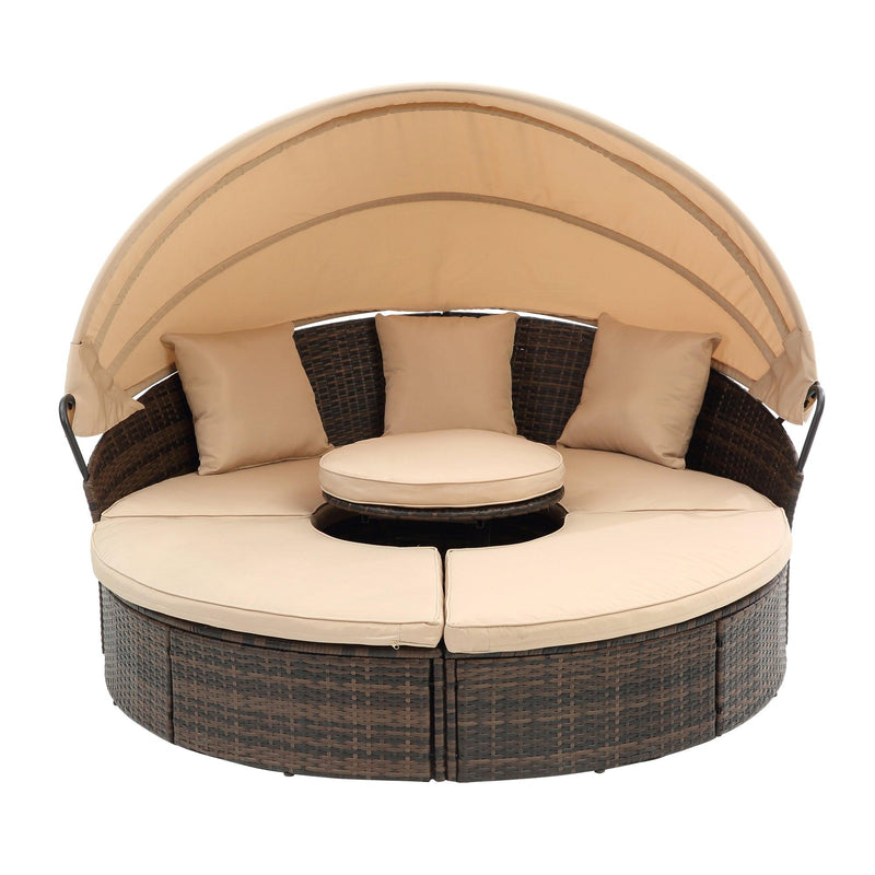 Wicker Rattan Round Lounge With Canopy, Lifted Coffee Table and Beige Cushions