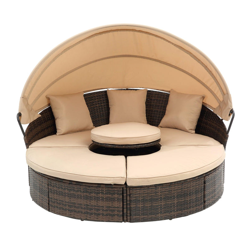 Wicker Rattan Round Lounge With Canopy, Lifted Coffee Table and Beige Cushions - Urban Living Furniture (Los Angeles, CA)