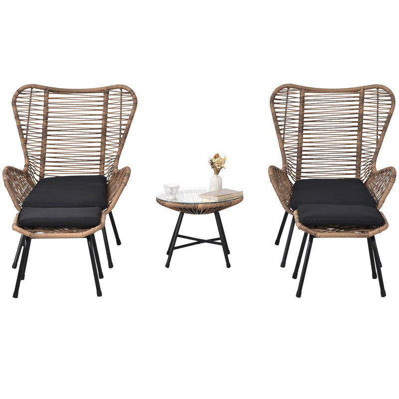 5 PCS Outdoor Patio PE Wicker Arm Chairs with Stools and Tempered Glass Tea Table - Natural Rattan and Dark Gray - Urban Living Furniture (Los Angeles, CA)