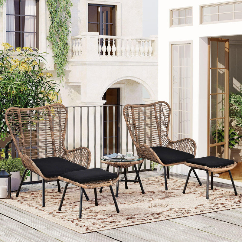 5 PCS Outdoor Patio PE Wicker Arm Chairs with Stools and Tempered Glass Tea Table - Natural Rattan and Dark Gray - Urban Living Furniture (Los Angeles, CA)