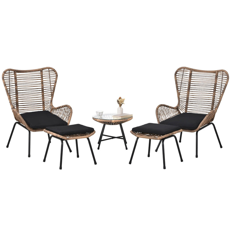 5 PCS Outdoor Patio PE Wicker Arm Chairs with Stools and Tempered Glass Tea Table - Natural Rattan and Dark Gray - Urban Living Furniture (Los Angeles, CA)