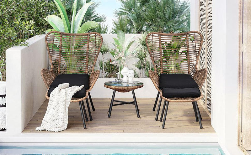 5 PCS Outdoor Patio PE Wicker Arm Chairs with Stools and Tempered Glass Tea Table - Natural Rattan and Dark Gray - Urban Living Furniture (Los Angeles, CA)