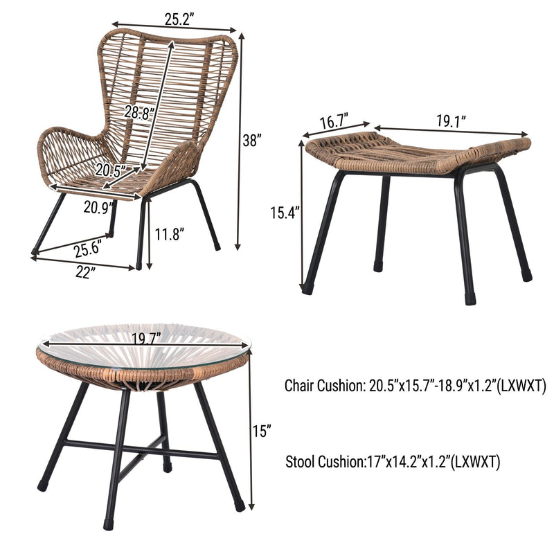 5 PCS Outdoor Patio PE Wicker Arm Chairs with Stools and Tempered Glass Tea Table - Natural Rattan and Dark Gray - Urban Living Furniture (Los Angeles, CA)