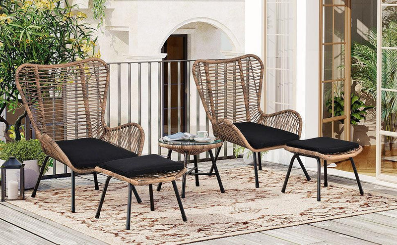 5 PCS Outdoor Patio PE Wicker Arm Chairs with Stools and Tempered Glass Tea Table - Natural Rattan and Dark Gray - Urban Living Furniture (Los Angeles, CA)