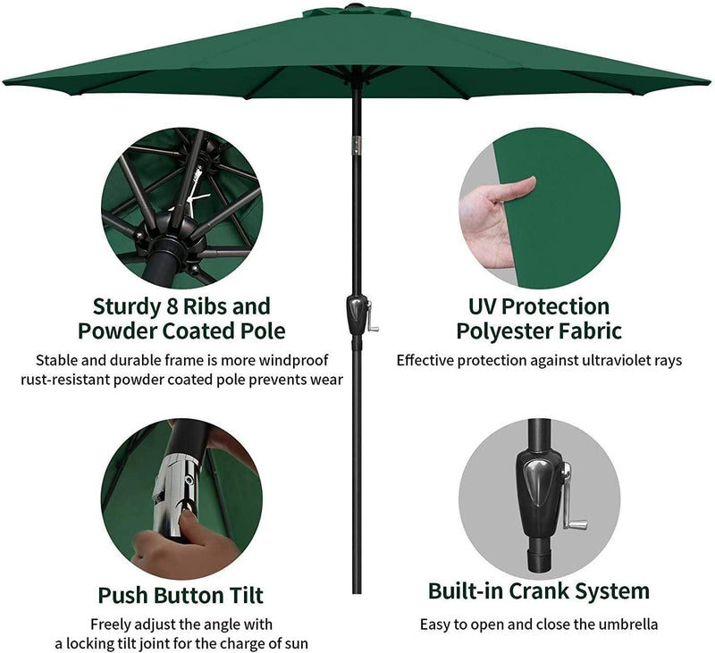 Deluxe 9ft Outdoor Umbrella with Button Tilt, Crank and 8 Sturdy Ribs - Green