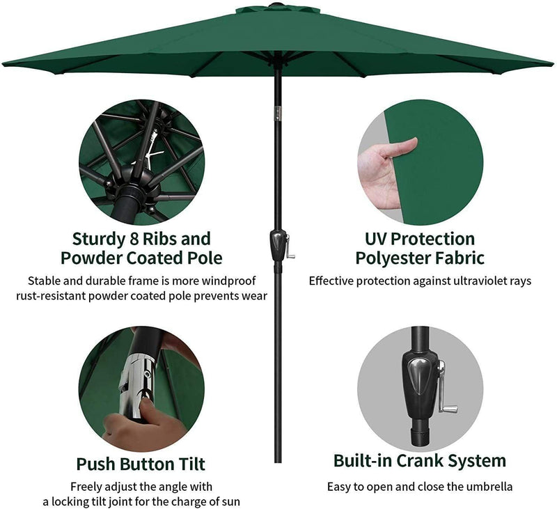 Deluxe 9ft Outdoor Umbrella with Button Tilt, Crank and 8 Sturdy Ribs - Green - Urban Living Furniture (Los Angeles, CA)