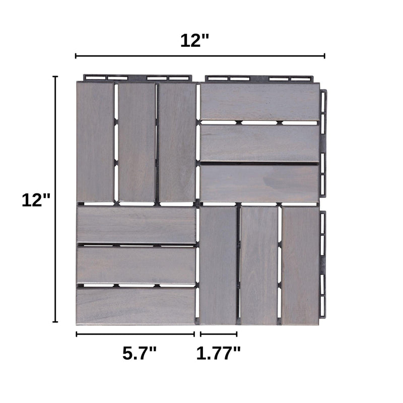 10 PCS Outdoor Light Gray Square Acacia Hardwood 12" x 12" Interlocking Deck Tiles Checker Pattern