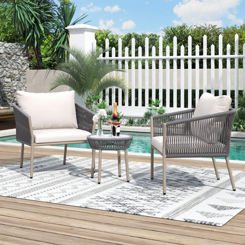 2PCS Luxury Rattan Outdoor Seating Set Including 2 Armchairs and Coffee Table with Beige Cushions and Gray Rattan