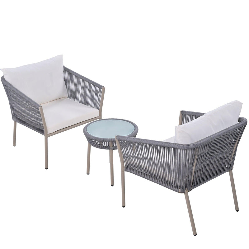 2PCS Luxury Rattan Outdoor Seating Set Including 2 Armchairs and Coffee Table with Beige Cushions and Gray Rattan