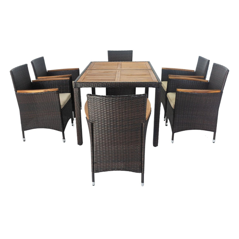 7 PCS Outdoor Patio Wicker Rattan Dining Furniture Set with Acacia Wood Top and Brown Wicker