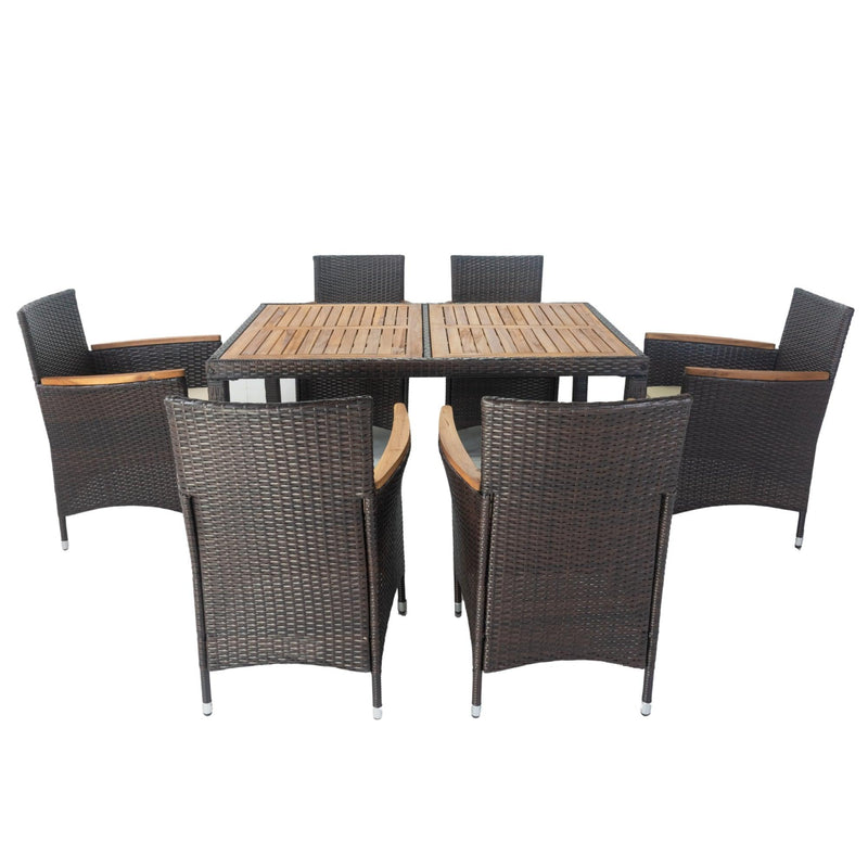 7 PCS Outdoor Patio Wicker Rattan Dining Furniture Set with Acacia Wood Top and Brown Wicker - Urban Living Furniture (Los Angeles, CA)