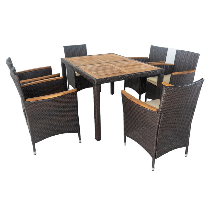 7 PCS Outdoor Patio Wicker Rattan Dining Furniture Set with Acacia Wood Top and Brown Wicker - Urban Living Furniture (Los Angeles, CA)