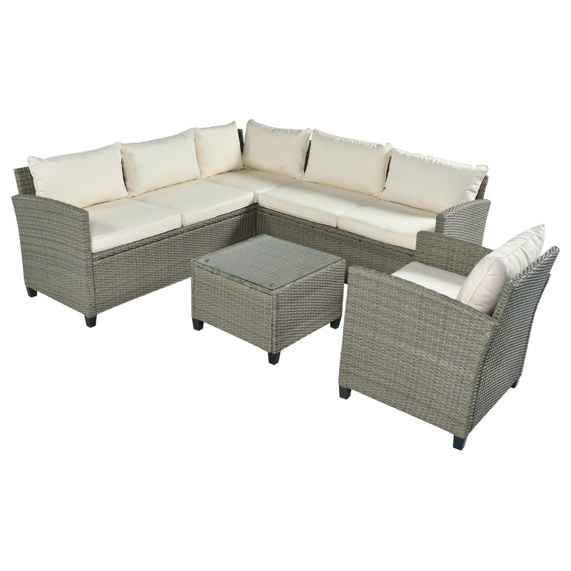5 PCS Outdoor Patio Sectional Sofa Set with Coffee Table, Beige Cushions and Single Chair