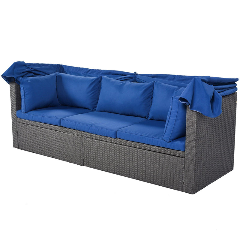 Outdoor Patio Wicker Rattan Rectangle Daybed and Adjustable Canopy with Lifted Table, Ottoman and Blue Cushion