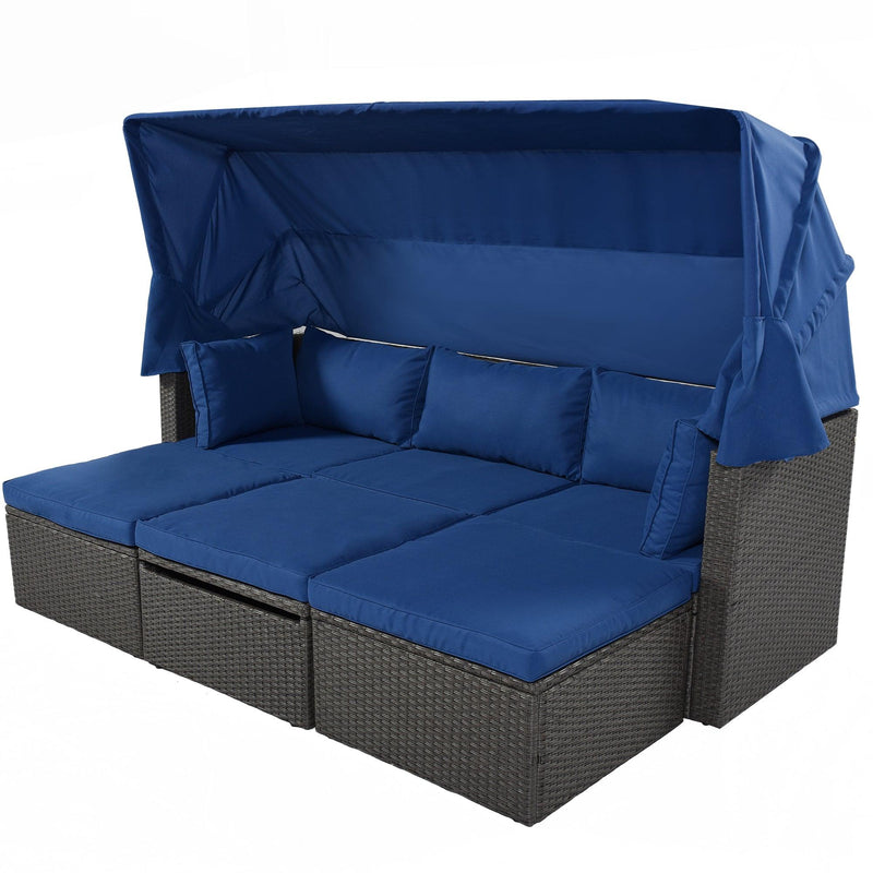 Outdoor Patio Wicker Rattan Rectangle Daybed and Adjustable Canopy with Lifted Table, Ottoman and Blue Cushion