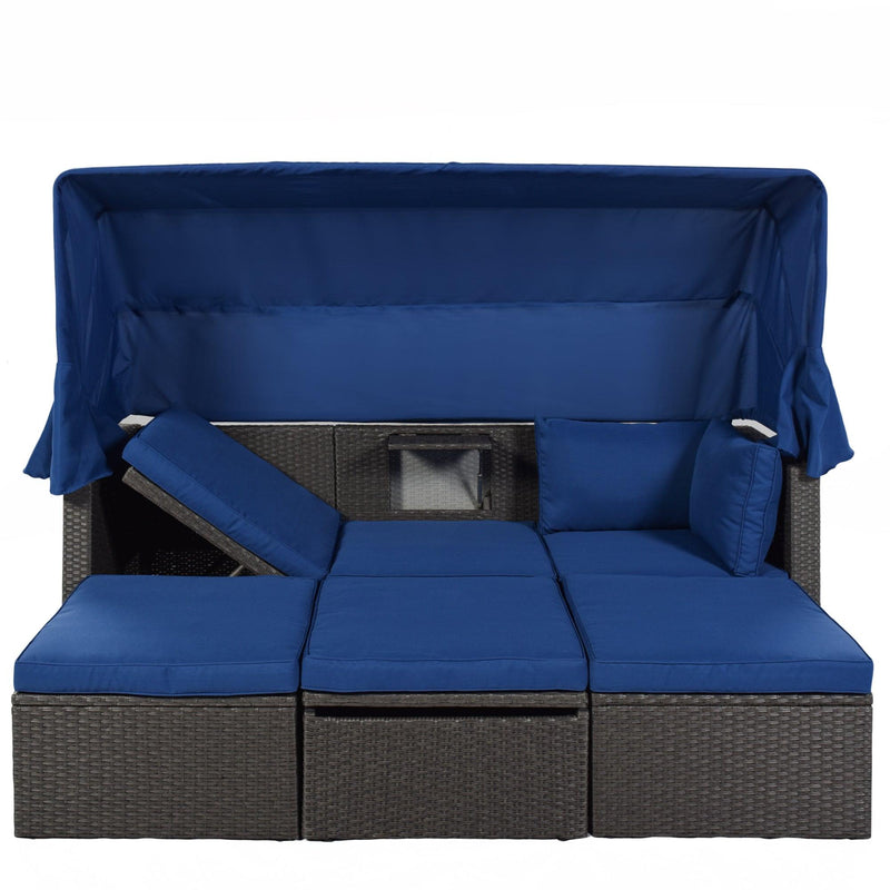 Outdoor Patio Wicker Rattan Rectangle Daybed and Adjustable Canopy with Lifted Table, Ottoman and Blue Cushion - Urban Living Furniture (Los Angeles, CA)