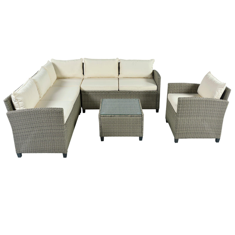 5 PCS Outdoor Patio Sectional Sofa Set with Coffee Table, Beige Cushions and Single Chair