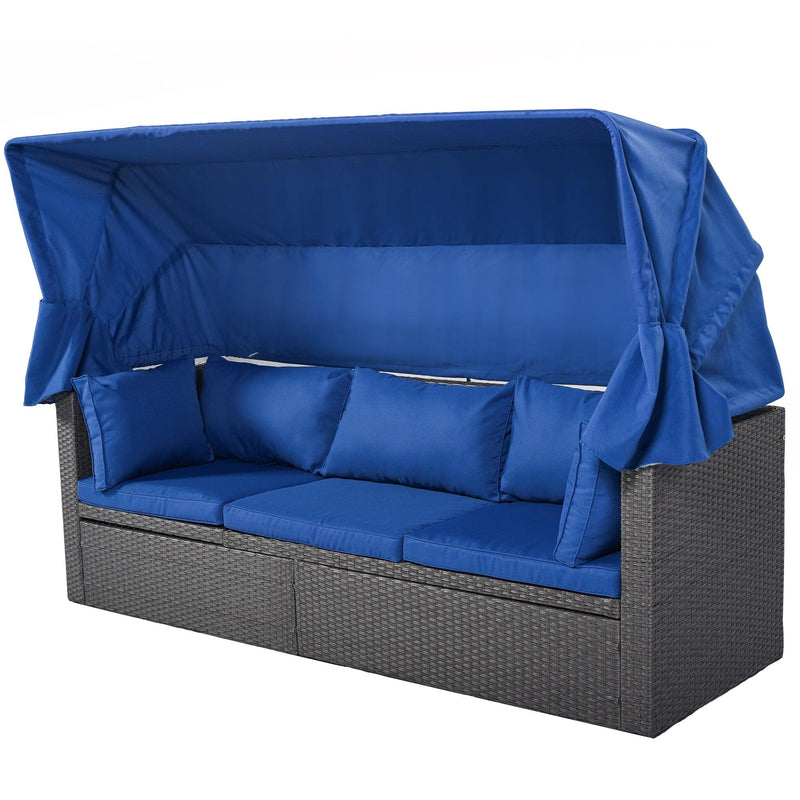 Outdoor Patio Wicker Rattan Rectangle Daybed and Adjustable Canopy with Lifted Table, Ottoman and Blue Cushion - Urban Living Furniture (Los Angeles, CA)