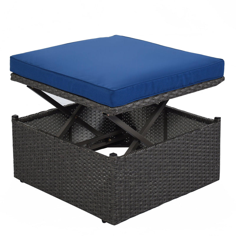 Outdoor Patio Wicker Rattan Rectangle Daybed and Adjustable Canopy with Lifted Table, Ottoman and Blue Cushion
